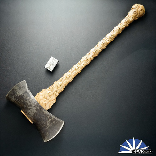 Berchtold Design Skull Swamper Double Headed Axe, CNC Skull Pattern Ash Wood Handle, Unmarked 3.5IB Double Bit Head W/ Forced Patina, And Custom Skull Embossed Leather Sheath