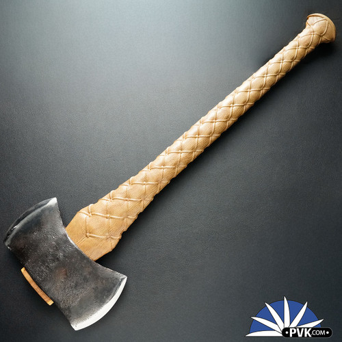 Berchtold Design Chesterfield Kelly Hand Made Double Headed Axe, CNC Milled Curly Red Oak Handle, Michigan Patterned Head W/ Polished Bevels And Original Patina, Custom Fit And Engraved Tri-Tone Leather Sheath