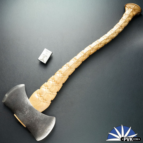 Berchtold Design Lakeside Adirondack Double Headed Axe, CNC Milled White Oak Handle, Michigan Patterned Head Reground And Reprofiled With Original Patina, Custom Fit And Engraved Tri-Tone Leather Sheath