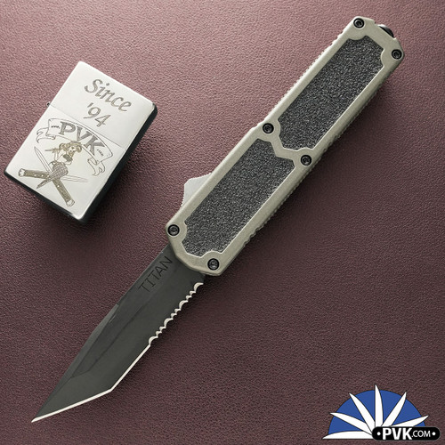 Titan D/A OTF Gray Handle Black Tanto Partial Serrated Blade