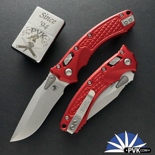 Microtech Mini Amphibian Ram-Lok 137MRL-10FRRD, Stonewashed Blade, Red Frag Handle
