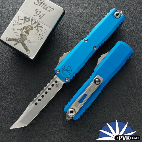 Microtech UTX-70 Gen 4 14194-10BLS, Stonewashed Hellhound Blade, Blue Handle, Signature Series