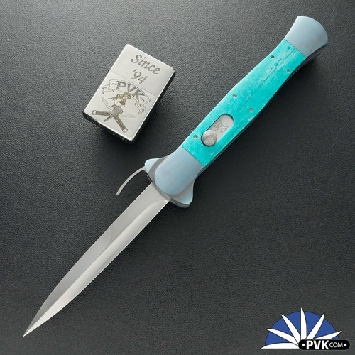 BURN Custom Trapdoor D/A OTF, Hand Rubbed Satin 154cm Bayonet Blade, Ice Blue Anodized Bolsters, Aqua Giraffe Bone Handle Scales