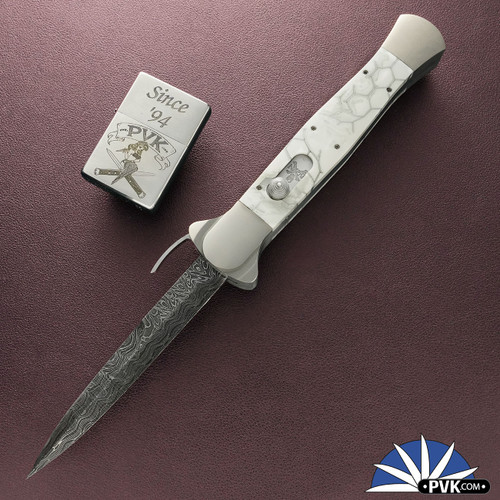 BURN Custom Trapdoor D/A OTF, Chad Nichols Damascus Bayonet Blade, Titanium Bolsters, White Honeycomb Voodoo Resins Handle Scales