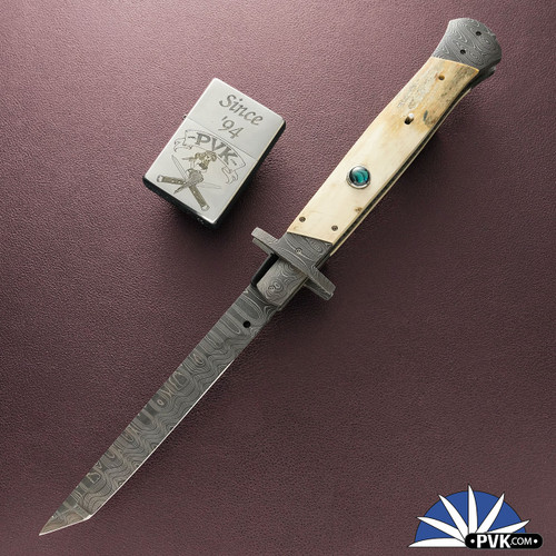 BURN Custom Picklock, Chad Nichols Ladder Damascus Tanto Blade, Chad Nichols Ladder Damascus Liners And Bolsters, Mammoth Bark Ivory Handle Scales
