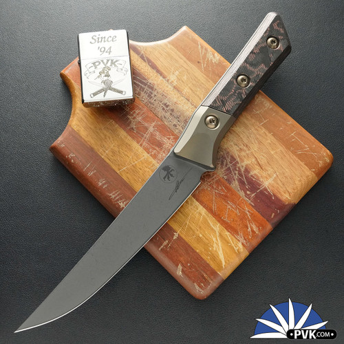Microtech Kitchen Boning Knife 3100B-1DLCLWCFS, Black DLC Blade, Bronze Ano Titanium Bolster W/ Livewire Carbon Fiber Handles