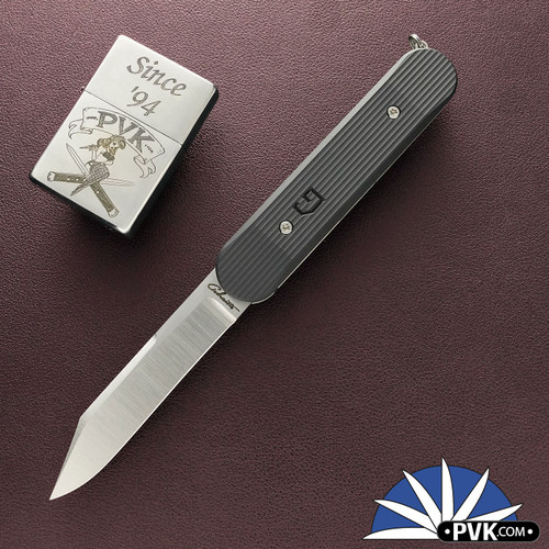 Chuck Gedraitis Scale Release Auto, Satin Clip Point Blade, Black Pinstripe Pattern Aluminum Scales
