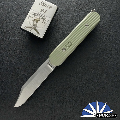 Chuck Gedraitis Scale Release Auto, Satin Bowie Blade, Seafoam Green Pinstripe Pattern Aluminum Scales