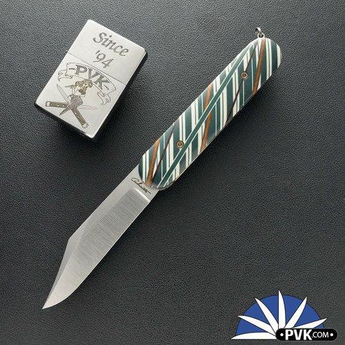 Chuck Gedraitis Custom Scale Release Auto, Satin Nitro-V Bowie Blade, Green/ White And Brown Mosaic Micarta Handle Scales