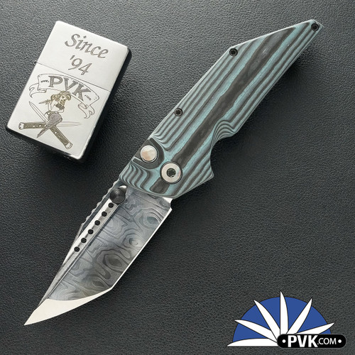 Hypercut Manufacturing Dharma Manual, Mike Norris Crocskin Damascus Blade, Blue Camo Quartz Handle, Mother Of Pearl Inlayed Button And Pivot