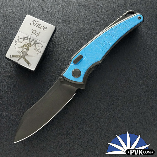 Hawk Knives Talon, Stonewashed DLC M390 Blade, Black DLC Titanium Frame W/Ocean Blue Glass Handle Scales