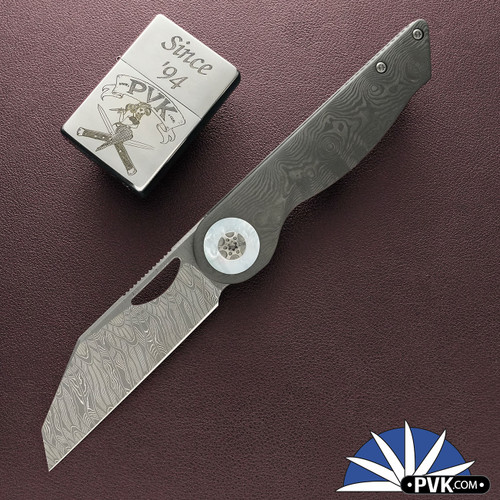Hypercut Manufacturing Cretin, Mike Norris Damascus Blade, Black Dunes Fat Carbon Handle, Mother Of Pearl Pivot Collar
