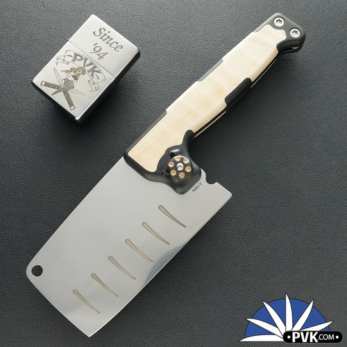 KKustom Knife And Tool Nomad Cleaver, Satin Nitro-V Cleaver Blade, Black Richlite And Curly Birch Handle