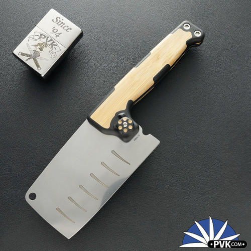 KKustom Knife And Tool Nomad Cleaver, Satin Nitro-V Cleaver Blade, Black Richlite And Bamboo Handle