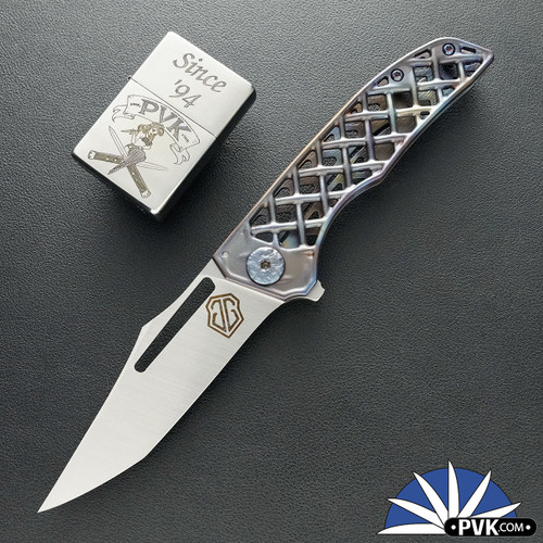 John Gray Slitter V2, Satin Magnacut Harpoon Tanto Blade, Flamed Chain-link Pattern Titanium Handle, With Matching Flamed Clip And HW