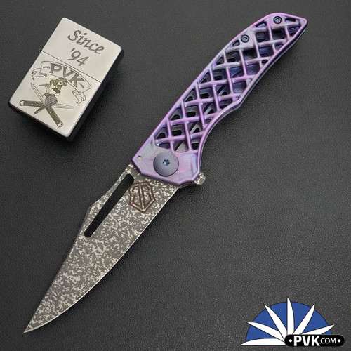 John Gray Slitter V2, Dark Rain Magnacut Harpoon Bowie Blade, Purple/ Blue Chain-link Pattern Titanium Handle With Matching Clip And Blue HW