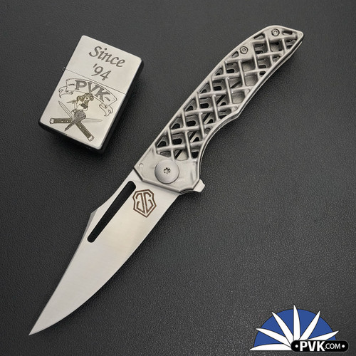 John Gray Slitter V2, Polished Satin Magnacut Harpoon Bowie Blade, Silver Chain-link Pattern Titanium Handle With Matching Clip And HW