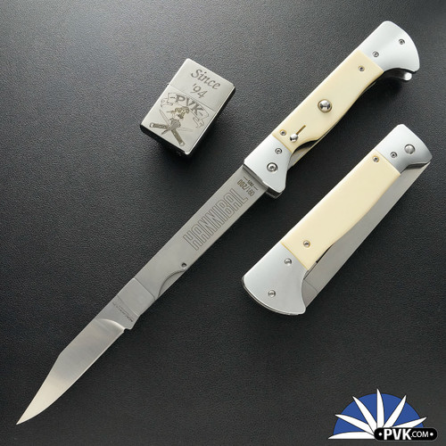 AGA Campolin Hannibal BBQ Auto, Satin Clip Point Blade, Faux Ivory Handle