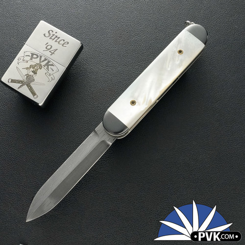 Chuck Gedraitis Custom Scale Release Auto, Vegas Forge Herringbone Stainless Damascus Dagger Blade, Zirconium Bolsters, Mother Of Pearl Scales And Titanium Liners