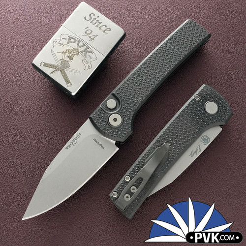 Protech/Chavez Scapegoat Compact Auto RCS1105, Stonewashed MagnaMax Blade, Carbide Textured Black Aluminum Handle W/Blasted HW