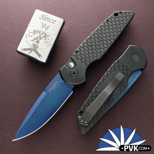 Protech TR-3 X1 SB, Sapphire Blue Blade, Black Fish Scale Handle With Abalone Button & Black HW