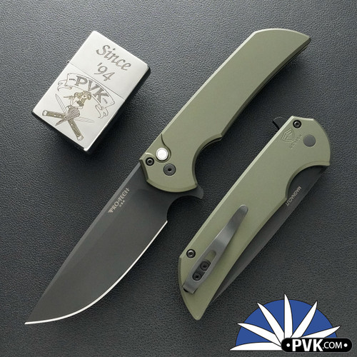 Protech Mordax Plunge Lock Flipper, DLC Magnacut Blade, Green Smooth Handle, Black HW
