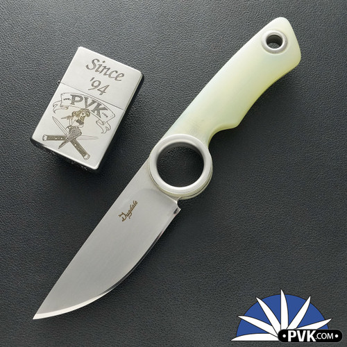 Dan Dugdale Custom Finger Hole Fixed Blade, Hand Rubbed Satin D2 Drop Point With No Jimping, Translucent G10 Handle, OD Green Kydex Sheath