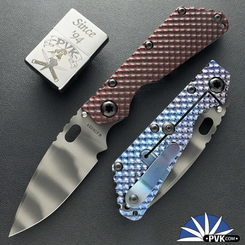 Strider Knives SMF 20CV Tiger Stripe Drop Point Blade, Black Cherry G10 Top W/ Blurple Ti Frame, Double Gunner Grip Handle