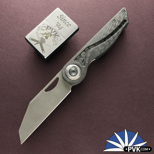 Hypercut Manufacturing Cretin, Dark Stonewashed S45VN Blade, Carbon Fiber Handle Scales W/Zirc Pivot And Black Timascus Pivot Collars