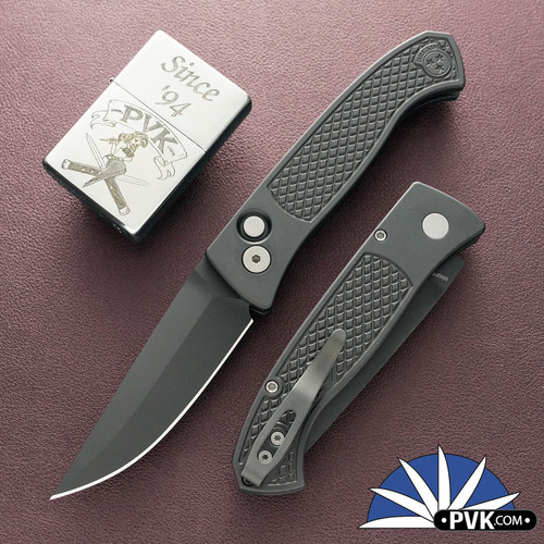Protech / Walter Brend Classic Auto, DLC Magnacut Blade, Black Diamond Textured Handle, Blasted HW