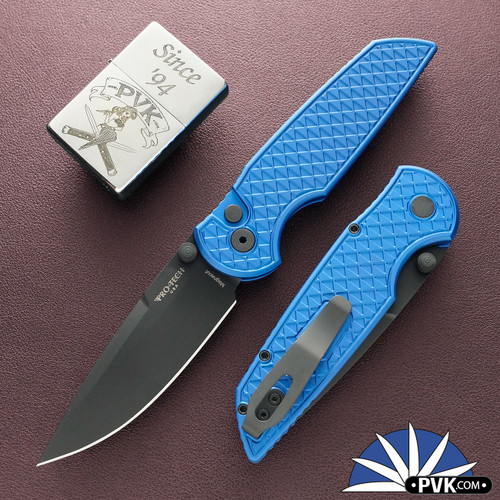 Protech TR-3 Integrity Thumbstud Manual INT1106-BLUE, Black DLC Magnacut Blade W/Thumbstuds, Relic Textured Blue Handle, Black HW