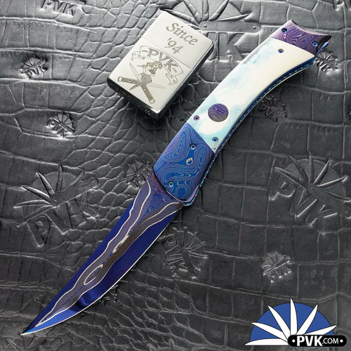 Rainy Vallotton Custom Persian Dagger Dual Action, Coppermai Damascus, Boomerang Coppermai Bolsters With Blue/ Cream Mammoth Molar Handle
