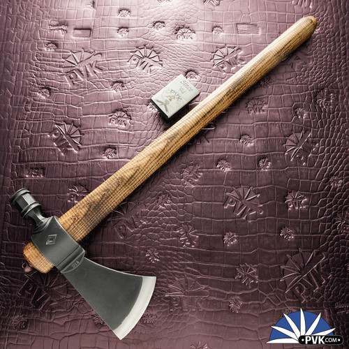 RMJ USA Patriot Pipe Tomahawk, Ash Handle, Blackened Patina Steel Head, Leather/Copper Edge Cover