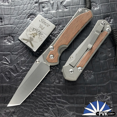 Chris Reeve Large Sebenza 31, Stonewashed Magnacut Tanto Blade, Sandblasted Titanium Scales W/ Natural Canvas Micarta Inlays