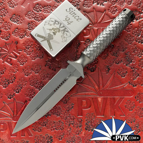 Marfione Custom Knives 115-DLCVB-MCK ADO Fixed Blade Knife, Black DLC Double Vapor Blasted 3V Double Edge Dagger Blade W/Hollow Handle, Chattanooga Leather Works Sheath