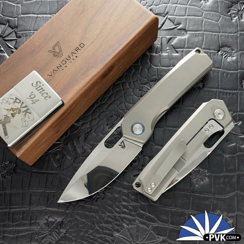 Vanguard Knives Breaker Integral, Timascus Pivot Collar, Super Polish Vanax Blade, Gray Titanium Handle, Titanium Clip With Extra Timascus Clip