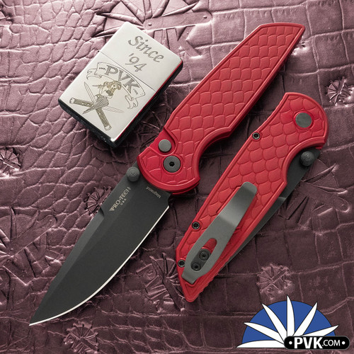 Protech TR-3 Integrity Thumbstud Manual, Black DLC Magnacut Blade, Reptile Textured Red Handle W/Black HW