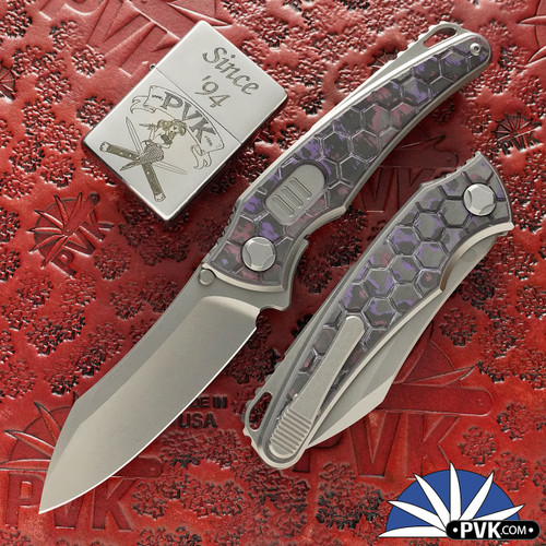 Hawk Knives Talon Auto, Brightwashed M390 Blade, Tumbled Handles W/Fat Carbon Honeycomb Purple Haze Handle Scales
