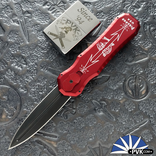 Piranha Excalibur OTF, Black Tactical Plain Blade, Red Handle
