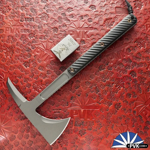 RMJ USA Kestrel Feather Tomahawk Axe, Tungsten Gray Cerakote 80CrV2 Blade, Black G10 Handle With Bronze HW, Black Kydex Sheath