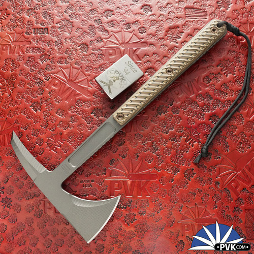 RMJ USA Kestrel Feather Tomahawk Axe, Tungsten Gray Cerakote 80CrV2 Blade, Hyena Brown G10 Handle With Bronze HW, Black Kydex Sheath