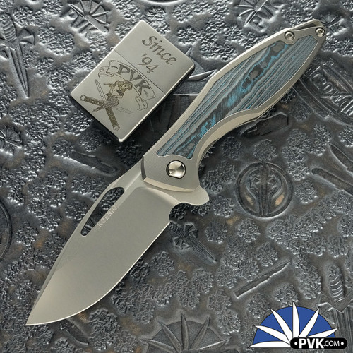 Koenig Knives Arius Flipper, Burnished W/PF M390 Blade, Smooth Titanium Handles W/Ocean Blue CarboTi Inlays