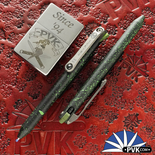 Heretic Knives/Maverick Customs Collaboration Scribe Flipper Pen,  Black W/ Green Splatter