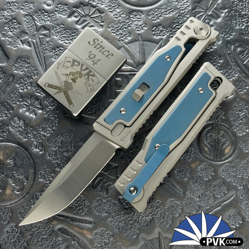 Reate EXO-M Gravity Knife, Satin Elmax Drop Point Blade, Satin Titanium, Blue Titanium Inlay