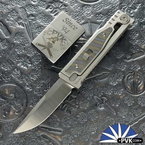 Reate EXO-M Gravity Knife, Satin Elmax Drop Point Blade, Satin Titanium, Flamed Titanium Inlay