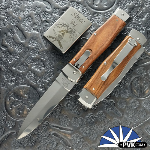 Mikov Predator Leverlock Auto Double Bolster Wood, Pocket Clip