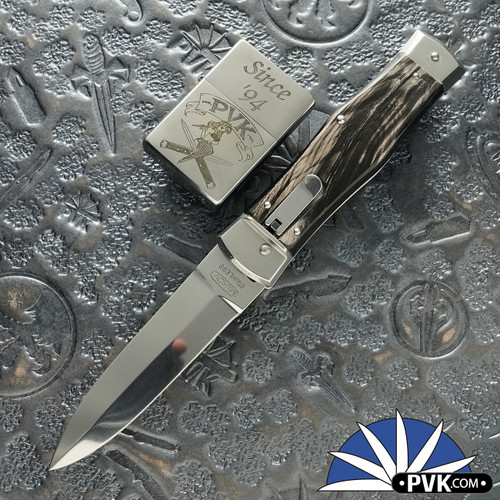 Mikov Predator 241 Leverlock Auto Double Bolster Dagger Horn, Pocket Clip