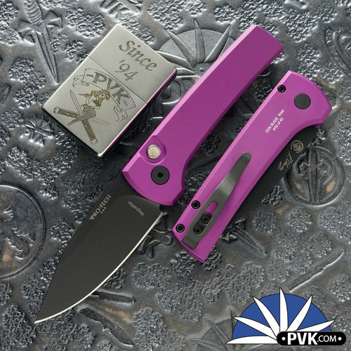 Protech/Chavez Scapegoat Compact Auto BSW26.Scapegoat.1, DLC Black MagnaMax Blade, Solid Purple Aluminum Handle W/Black Lip Pearl Button