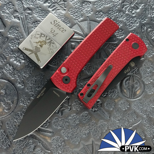 Protech/Chavez Scapegoat Compact Auto BSW26.Scapegoat.2, DLC Black MagnaMax Blade, Carbide Textured Red Aluminum Handle W/Black Lip Pearl Button