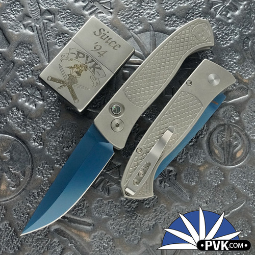 Protech / Walter Brend Auto 2026 Brend Classic Custom 002, Sapphire Blue Magnacut Blade, Textured Blasted/ Tumbled 17-4 Steel Handle, Abalone Button